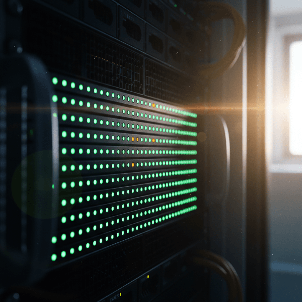 Server rack indicator lights glowing green